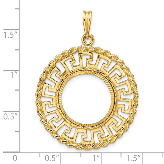 14K Yellow Gold 16.5 mm Coin Bezel Holder Pendant Charm Greek Key Rope Diamond Cut 1/10 oz American Eagle Krugerrand Prong