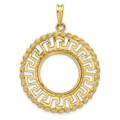 14K Yellow Gold 16.5 mm Coin Bezel Holder Pendant Charm Greek Key Rope Diamond Cut 1/10 oz American Eagle Krugerrand Prong