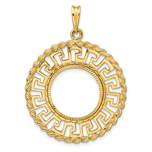 14K Yellow Gold 16.5 mm Coin Bezel Holder Pendant Charm Greek Key Rope Diamond Cut 1/10 oz American Eagle Krugerrand Prong