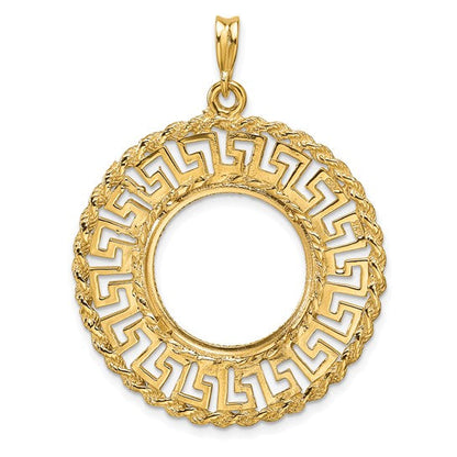 14K Yellow Gold 17.8 mm Coin Bezel Holder Pendant Charm Greek Key Rope Diamond Cut US $2.50 Dollar Liberty Indian Barber Dime Mercury Dime Prong