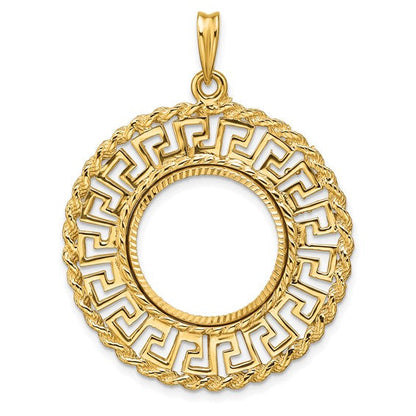 14K Yellow Gold 17.8 mm Coin Bezel Holder Pendant Charm Greek Key Rope Diamond Cut US $2.50 Dollar Liberty Indian Barber Dime Mercury Dime Prong