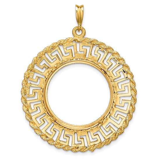 14K Yellow Gold 21.6 mm Coin Bezel Holder Pendant Charm Greek Key Rope Diamond Cut US $5 Dollar Liberty Indian Statue of Liberty Bald Eagle Congressional Prong