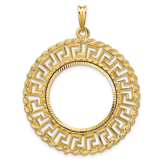 14K Yellow Gold 21.6 mm Coin Bezel Holder Pendant Charm Greek Key Rope Diamond Cut US $5 Dollar Liberty Indian Statue of Liberty Bald Eagle Congressional Prong