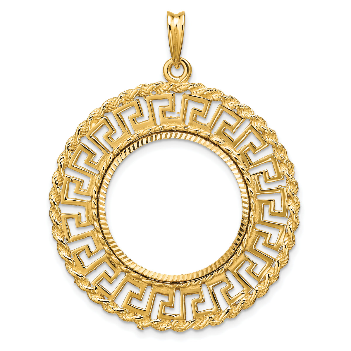 14K Yellow Gold 21.6 mm Coin Bezel Holder Pendant Charm Greek Key Rope Diamond Cut US $5 Dollar Liberty Indian Statue of Liberty Bald Eagle Congressional Prong