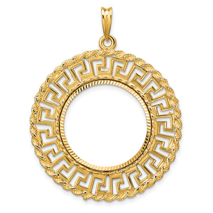 14K Yellow Gold 21.6 mm Coin Bezel Holder Pendant Charm Greek Key Rope Diamond Cut US $5 Dollar Liberty Indian Statue of Liberty Bald Eagle Congressional Prong