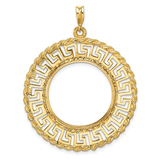 14K Yellow Gold 22 mm Coin Bezel Holder Pendant Charm Greek Key Rope Diamond Cut 1/4 oz American Eagle Panda 2 Rand US $5 Jamestown Prong