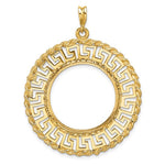 Charger l'image dans la galerie, 14K Yellow Gold 22 mm Coin Bezel Holder Pendant Charm Greek Key Rope Diamond Cut 1/4 oz American Eagle Panda 2 Rand US $5 Jamestown Prong

