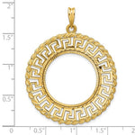 Charger l'image dans la galerie, 14K Yellow Gold 22 mm Coin Bezel Holder Pendant Charm Greek Key Rope Diamond Cut 1/4 oz American Eagle Panda 2 Rand US $5 Jamestown Prong
