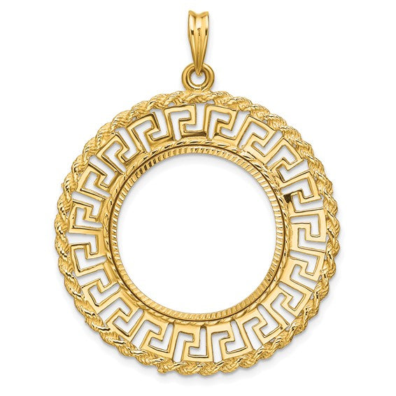 14K Yellow Gold 22 mm Coin Bezel Holder Pendant Charm Greek Key Rope Diamond Cut 1/4 oz American Eagle Panda 2 Rand US $5 Jamestown Prong