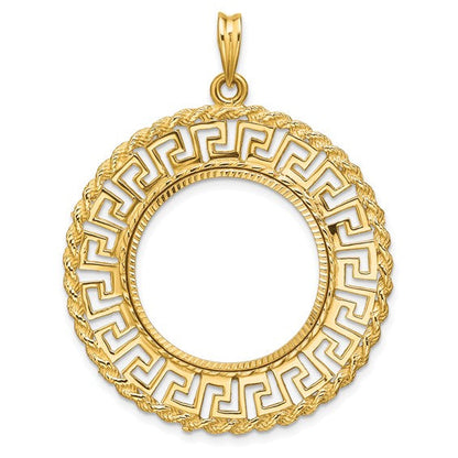 14K Yellow Gold 22 mm Coin Bezel Holder Pendant Charm Greek Key Rope Diamond Cut 1/4 oz American Eagle Panda 2 Rand US $5 Jamestown Prong