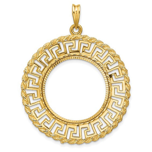 14K Yellow Gold 22 mm Coin Bezel Holder Pendant Charm Greek Key Rope Diamond Cut 1/4 oz American Eagle Panda 2 Rand US $5 Jamestown Prong