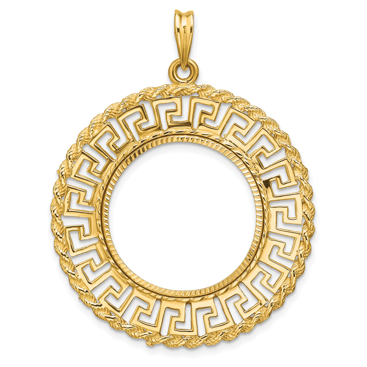 14K Yellow Gold 22 mm Coin Bezel Holder Pendant Charm Greek Key Rope Diamond Cut 1/4 oz American Eagle Panda 2 Rand US $5 Jamestown Prong