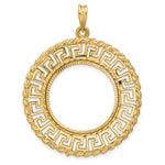 Charger l'image dans la galerie, 14K Yellow Gold 22 mm Coin Bezel Holder Pendant Charm Greek Key Rope Diamond Cut 1/4 oz American Eagle Panda 2 Rand US $5 Jamestown Prong
