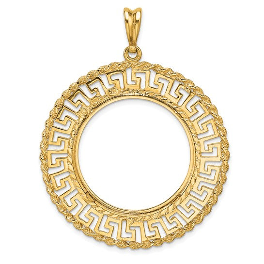 14K Yellow Gold 27 mm Coin Bezel Holder Pendant Charm Greek Key Rope Diamond Cut 1/2 oz American Eagle Panda US $10 Dollar Liberty Indian Prong