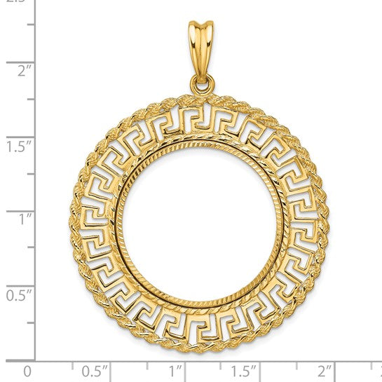 14K Yellow Gold 27 mm Coin Bezel Holder Pendant Charm Greek Key Rope Diamond Cut 1/2 oz American Eagle Panda US $10 Dollar Liberty Indian Prong
