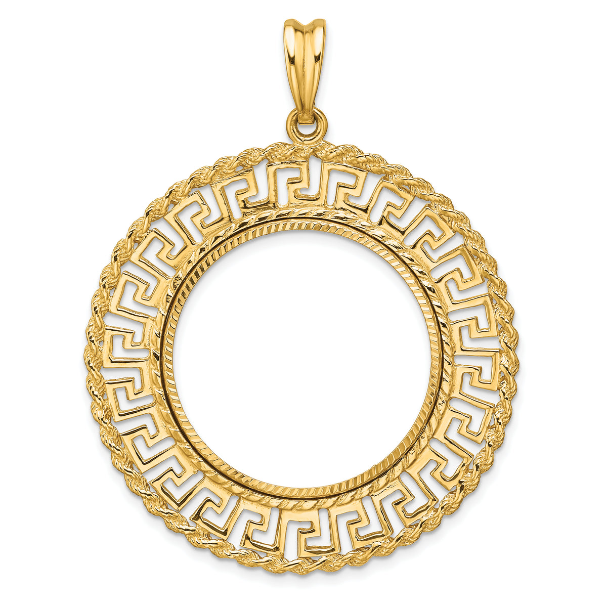 14K Yellow Gold 27 mm Coin Bezel Holder Pendant Charm Greek Key Rope Diamond Cut 1/2 oz American Eagle Panda US $10 Dollar Liberty Indian Prong