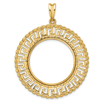 14K Yellow Gold 27 mm Coin Bezel Holder Pendant Charm Greek Key Rope Diamond Cut 1/2 oz American Eagle Panda US $10 Dollar Liberty Indian Prong