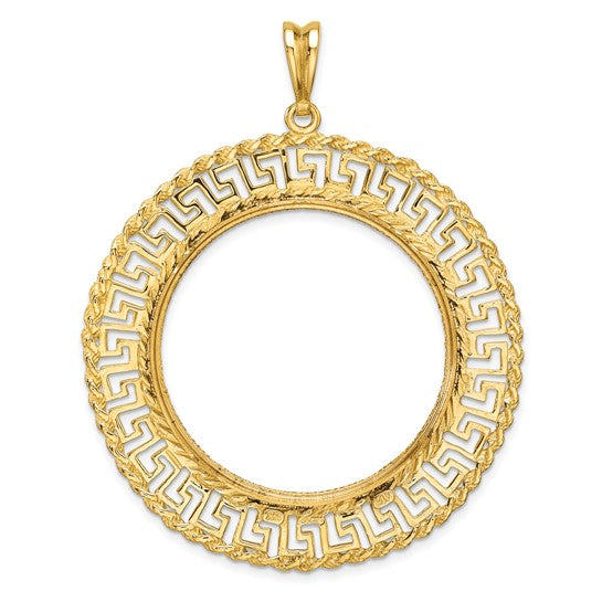 14K Yellow Gold 32.7 mm Coin Bezel Holder Pendant Charm Greek Key Rope Diamond Cut 1 oz American Eagle Cat Krugerrand Prong