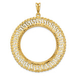 Indlæs billede til gallerivisning 14K Yellow Gold 32.7 mm Coin Bezel Holder Pendant Charm Greek Key Rope Diamond Cut 1 oz American Eagle Cat Krugerrand Prong
