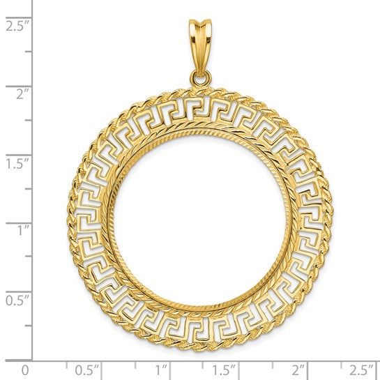 14K Yellow Gold 32.7 mm Coin Bezel Holder Pendant Charm Greek Key Rope Diamond Cut 1 oz American Eagle Cat Krugerrand Prong