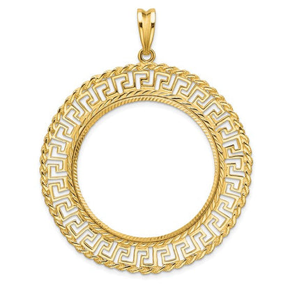 14K Yellow Gold 32.7 mm Coin Bezel Holder Pendant Charm Greek Key Rope Diamond Cut 1 oz American Eagle Cat Krugerrand Prong