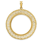 Indlæs billede til gallerivisning 14K Yellow Gold 32.7 mm Coin Bezel Holder Pendant Charm Greek Key Rope Diamond Cut 1 oz American Eagle Cat Krugerrand Prong
