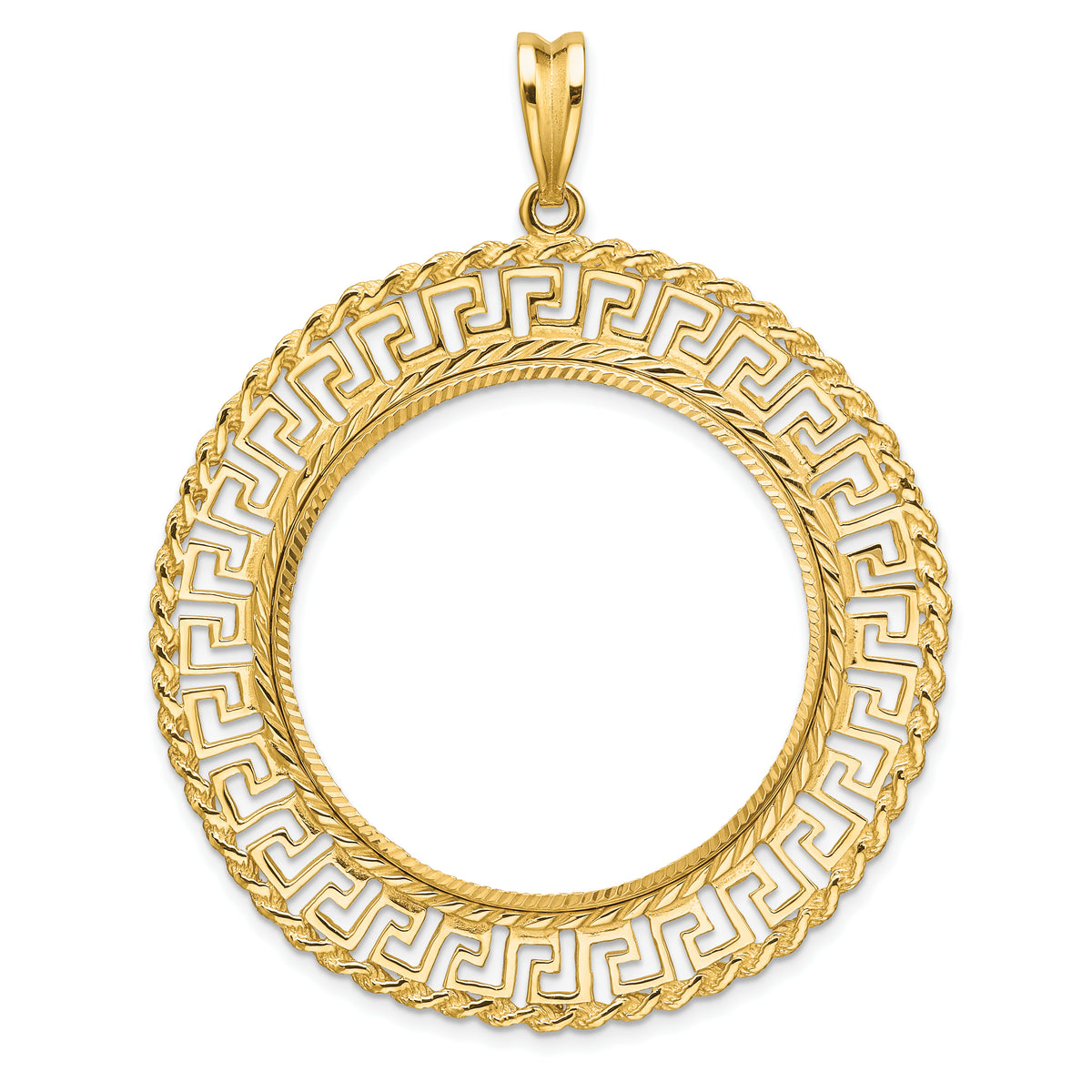 14K Yellow Gold 32.7 mm Coin Bezel Holder Pendant Charm Greek Key Rope Diamond Cut 1 oz American Eagle Cat Krugerrand Prong