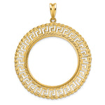 Indlæs billede til gallerivisning 14K Yellow Gold 32.7 mm Coin Bezel Holder Pendant Charm Greek Key Rope Diamond Cut 1 oz American Eagle Cat Krugerrand Prong
