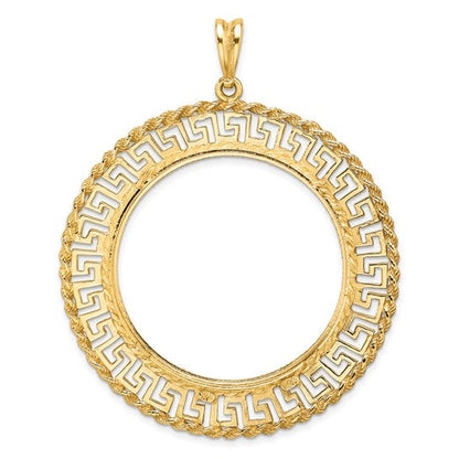 14K Yellow Gold 34.2 mm Coin Bezel Holder Pendant Charm Greek Key Rope Diamond Cut US $20 Dollar Liberty Saint-Gaudens Prong