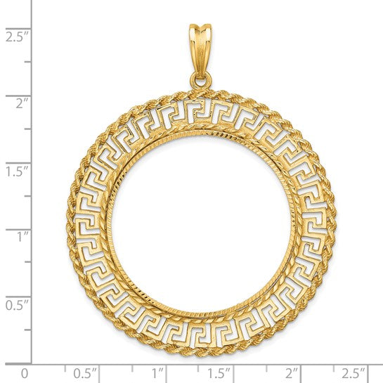 14K Yellow Gold 34.2 mm Coin Bezel Holder Pendant Charm Greek Key Rope Diamond Cut US $20 Dollar Liberty Saint-Gaudens Prong