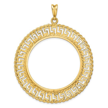 14K Yellow Gold 37 mm Coin Bezel Holder Pendant Charm Greek Key Rope Diamond Cut 50 Peso Prong