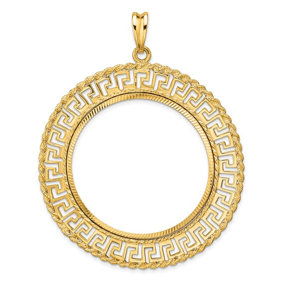 14K Yellow Gold 37 mm Coin Bezel Holder Pendant Charm Greek Key Rope Diamond Cut 50 Peso Prong