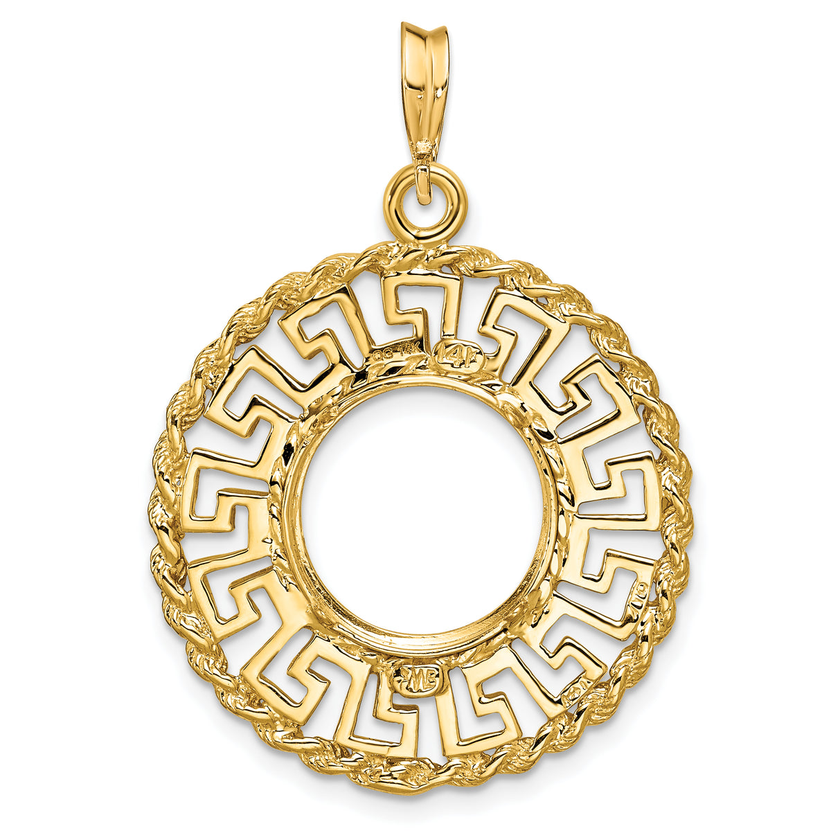 14K Yellow Gold 13 mm Coin Bezel Holder Pendant Charm Greek Key Rope US $1 Dollar Type 1 and 2 Peso Prong