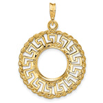 Load image into Gallery viewer, 14K Yellow Gold 13 mm Coin Bezel Holder Pendant Charm Greek Key Rope US $1 Dollar Type 1 and 2 Peso Prong
