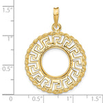 Load image into Gallery viewer, 14K Yellow Gold 13 mm Coin Bezel Holder Pendant Charm Greek Key Rope US $1 Dollar Type 1 and 2 Peso Prong
