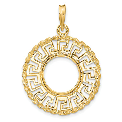 14K Yellow Gold 13 mm Coin Bezel Holder Pendant Charm Greek Key Rope US $1 Dollar Type 1 and 2 Peso Prong