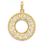 Load image into Gallery viewer, 14K Yellow Gold 13 mm Coin Bezel Holder Pendant Charm Greek Key Rope US $1 Dollar Type 1 and 2 Peso Prong
