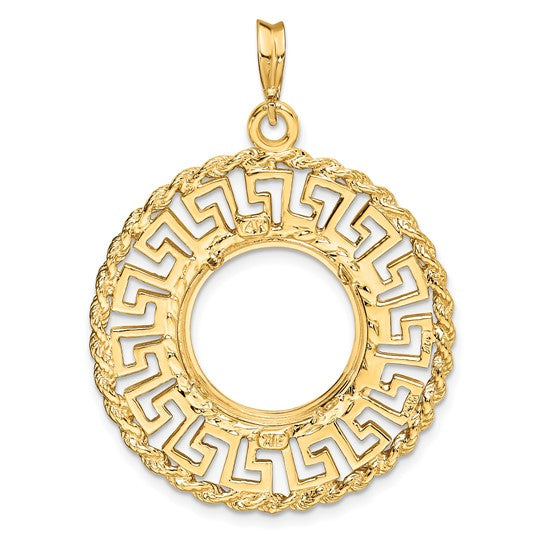 14K Yellow Gold 15 mm Coin Bezel Holder Pendant Charm Greek Key Rope US $1 Dollar Type 2 Prong