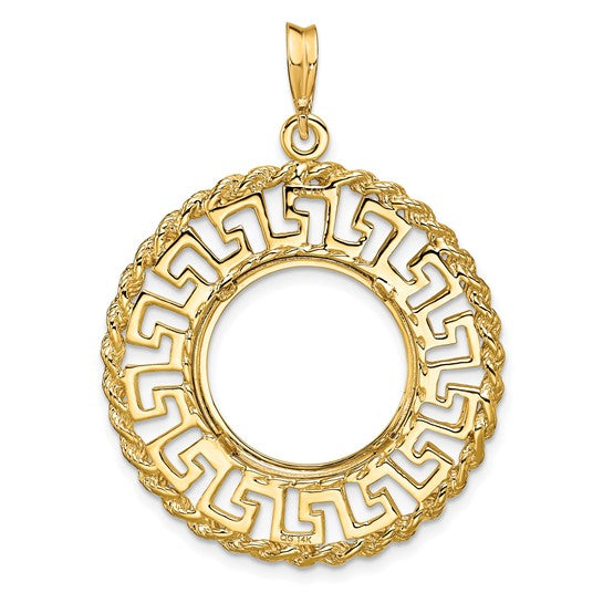 14K Yellow Gold 16.5 mm Coin Bezel Holder Pendant Charm Greek Key Rope 1/10 oz American Eagle Krugerrand Prong