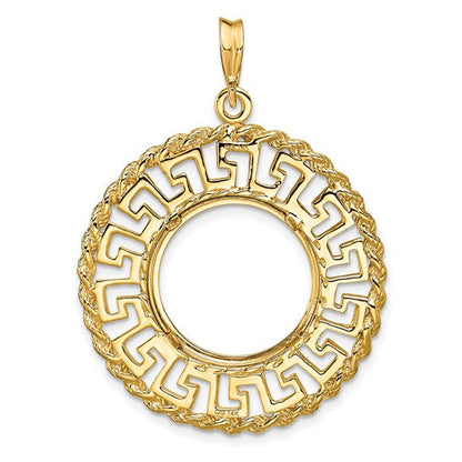 14K Yellow Gold 16.5 mm Coin Bezel Holder Pendant Charm Greek Key Rope 1/10 oz American Eagle Krugerrand Prong