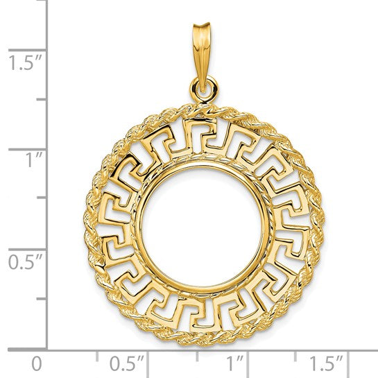 14K Yellow Gold 16.5 mm Coin Bezel Holder Pendant Charm Greek Key Rope 1/10 oz American Eagle Krugerrand Prong
