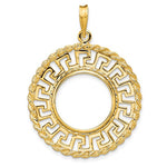 Carregar imagem no visualizador da galeria, 14K Yellow Gold 16.5 mm Coin Bezel Holder Pendant Charm Greek Key Rope 1/10 oz American Eagle Krugerrand Prong
