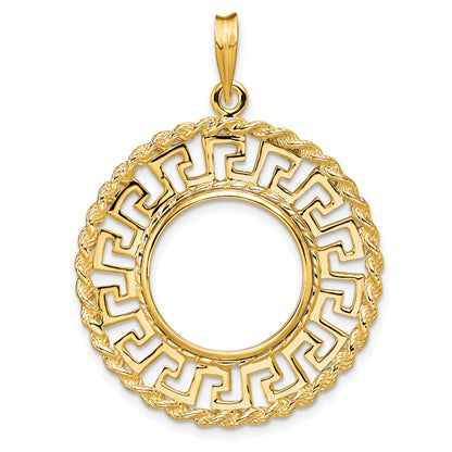 14K Yellow Gold 16.5 mm Coin Bezel Holder Pendant Charm Greek Key Rope 1/10 oz American Eagle Krugerrand Prong