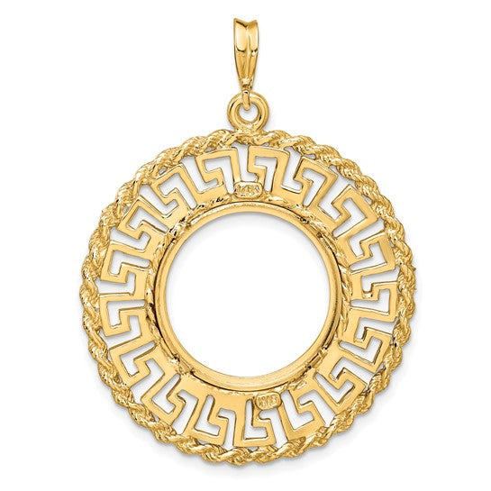 14K Yellow Gold 17.8 mm Coin Bezel Holder Pendant Charm Greek Key Rope US $2.50 Dollar Liberty Indian Barber Dime Mercury Dime Prong