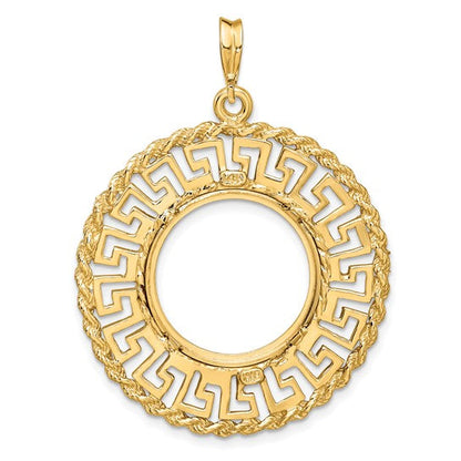 14K Yellow Gold 17.8 mm Coin Bezel Holder Pendant Charm Greek Key Rope US $2.50 Dollar Liberty Indian Barber Dime Mercury Dime Prong