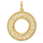Charger l'image dans la galerie, 14K Yellow Gold 17.8 mm Coin Bezel Holder Pendant Charm Greek Key Rope US $2.50 Dollar Liberty Indian Barber Dime Mercury Dime Prong
