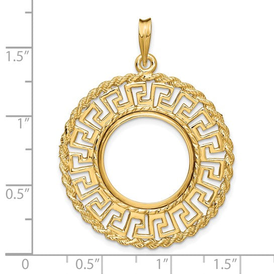 14K Yellow Gold 17.8 mm Coin Bezel Holder Pendant Charm Greek Key Rope US $2.50 Dollar Liberty Indian Barber Dime Mercury Dime Prong
