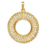 Charger l'image dans la galerie, 14K Yellow Gold 17.8 mm Coin Bezel Holder Pendant Charm Greek Key Rope US $2.50 Dollar Liberty Indian Barber Dime Mercury Dime Prong
