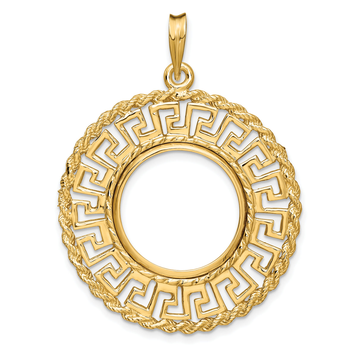 14K Yellow Gold 17.8 mm Coin Bezel Holder Pendant Charm Greek Key Rope US $2.50 Dollar Liberty Indian Barber Dime Mercury Dime Prong