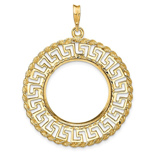 14K Yellow Gold 21.6 mm Coin Bezel Holder Pendant Charm Greek Key Rope US $5 Dollar Liberty Indian Statue of Liberty Bald Eagle Congressional Prong
